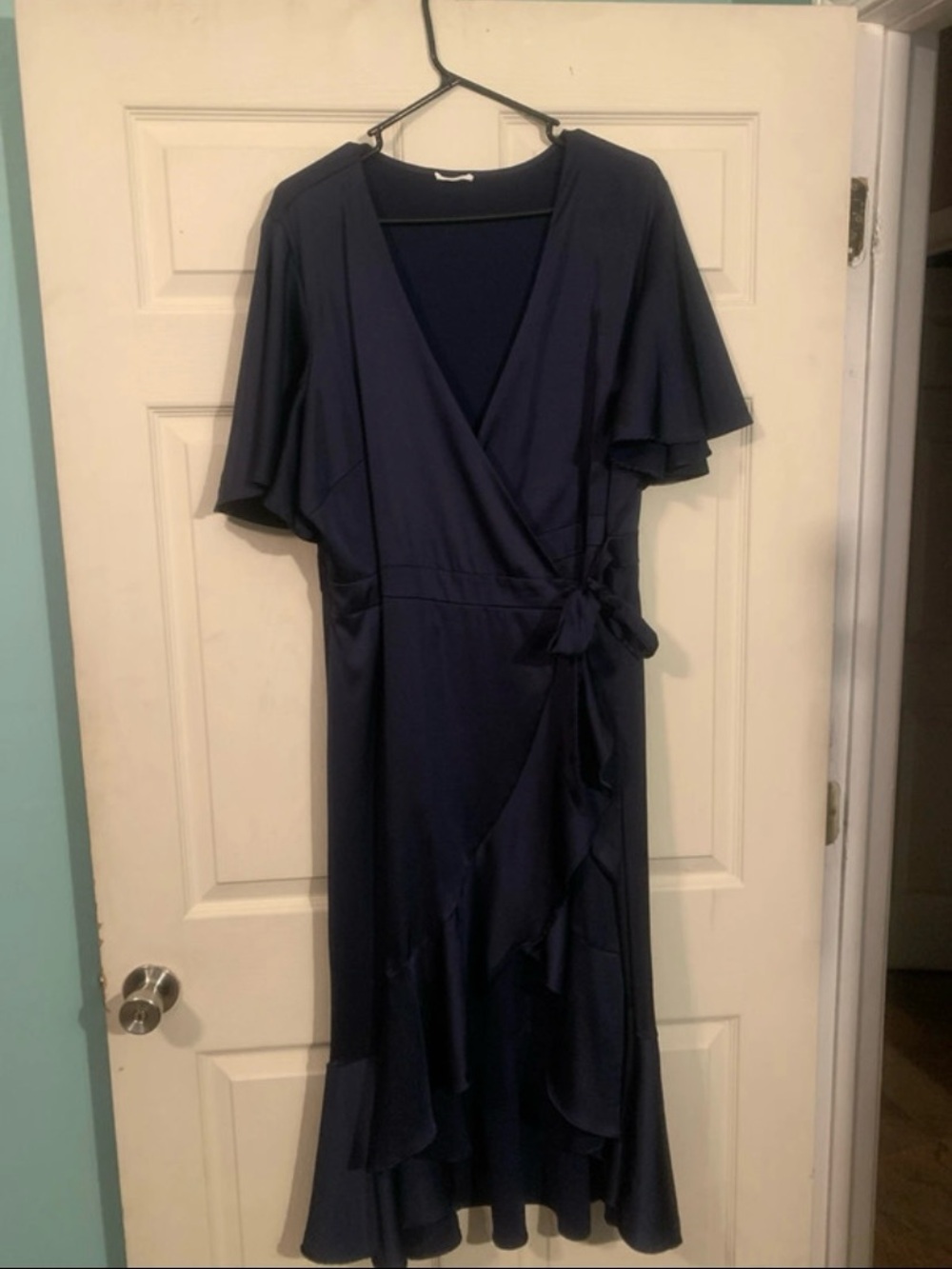 Soprano Navy Wrap Midi Dress with Ruffle Hem